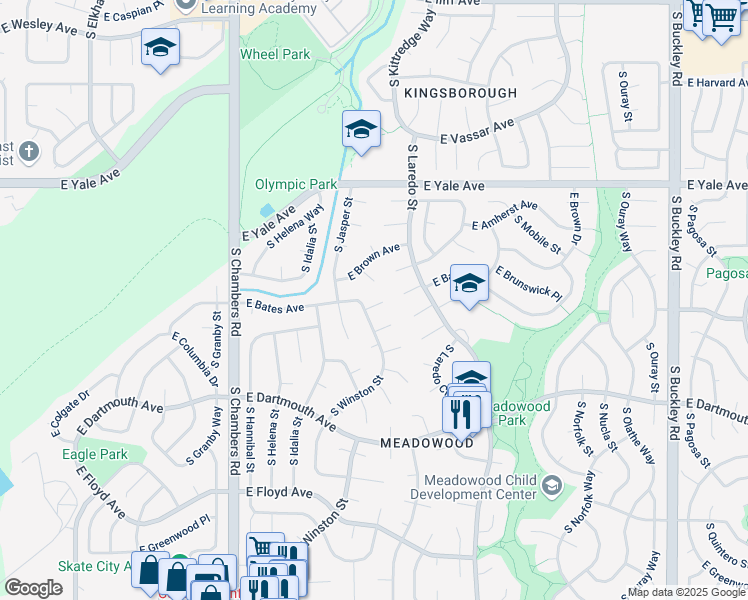 map of restaurants, bars, coffee shops, grocery stores, and more near 15831 East Bates Place in Aurora