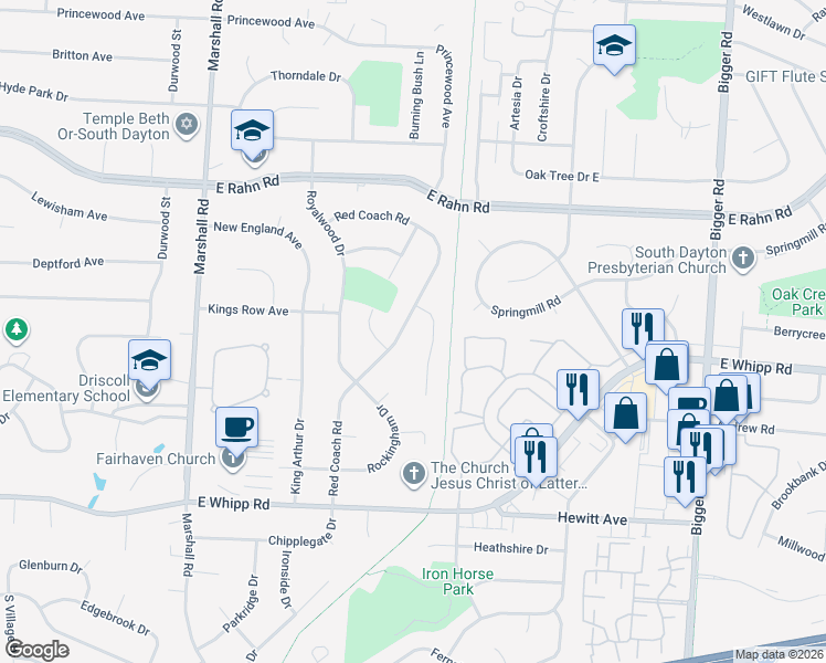 map of restaurants, bars, coffee shops, grocery stores, and more near 5457 Red Coach Road in Dayton