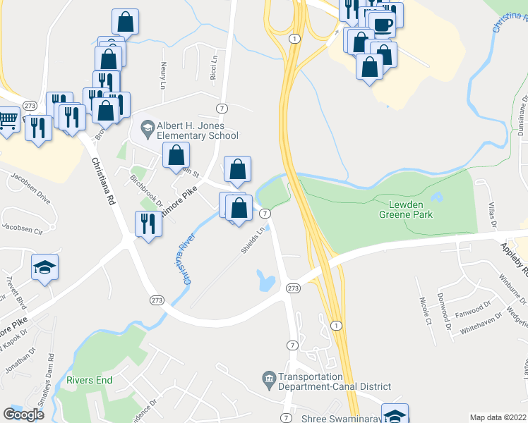 map of restaurants, bars, coffee shops, grocery stores, and more near 82 E Main St in Newark