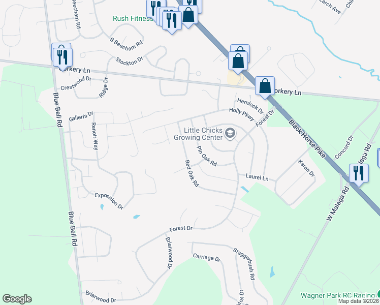 map of restaurants, bars, coffee shops, grocery stores, and more near 1626 Pin Oak Road in Monroe