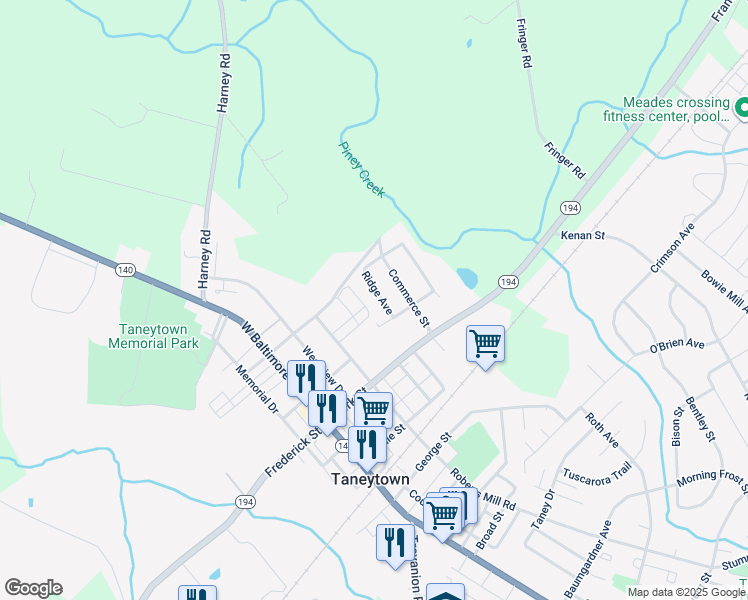 map of restaurants, bars, coffee shops, grocery stores, and more near 105 Ridge Avenue in Taneytown