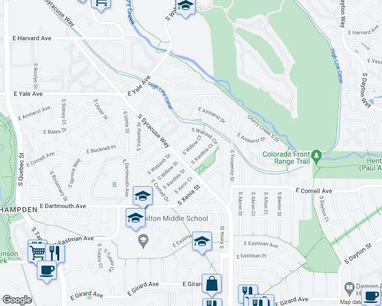 map of restaurants, bars, coffee shops, grocery stores, and more near 2834 South Willow Court in Denver