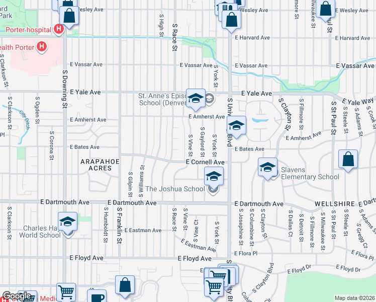map of restaurants, bars, coffee shops, grocery stores, and more near 2890 South Vine Street in Denver