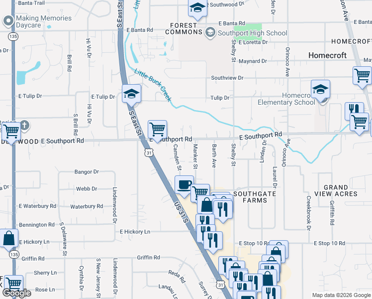 map of restaurants, bars, coffee shops, grocery stores, and more near 817 East Southport Road in Indianapolis