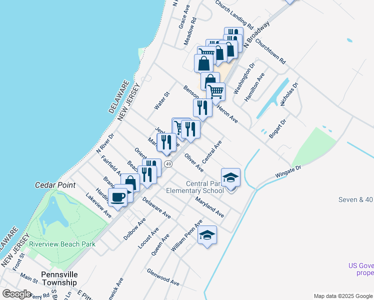 map of restaurants, bars, coffee shops, grocery stores, and more near 177 North Broadway in Pennsville