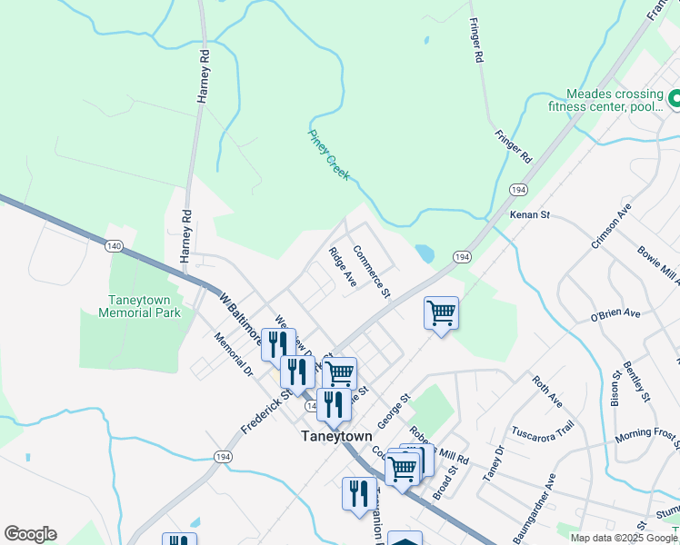 map of restaurants, bars, coffee shops, grocery stores, and more near 105 Ridge Avenue in Taneytown