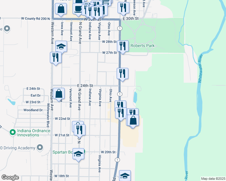 map of restaurants, bars, coffee shops, grocery stores, and more near 104 West 24th Street in Connersville