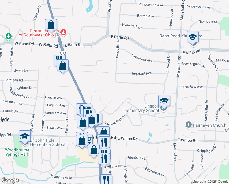 map of restaurants, bars, coffee shops, grocery stores, and more near 5900 Hithergreen Drive in Dayton
