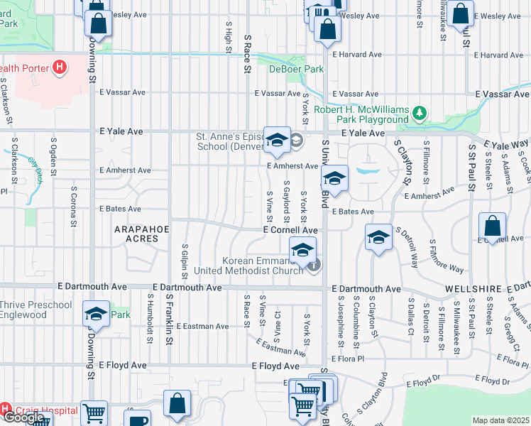 map of restaurants, bars, coffee shops, grocery stores, and more near 2890 South Vine Street in Denver