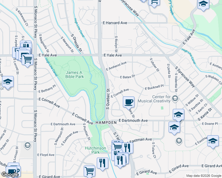 map of restaurants, bars, coffee shops, grocery stores, and more near 2900 South Quebec Street in Denver