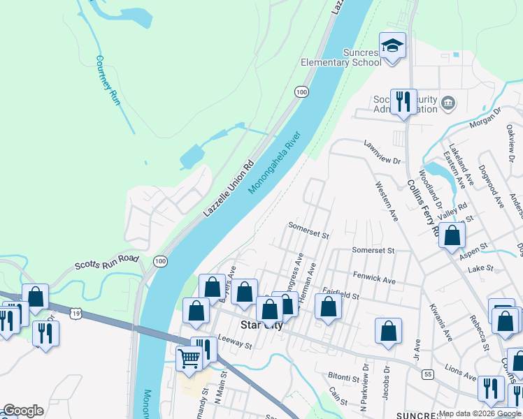map of restaurants, bars, coffee shops, grocery stores, and more near 5312 University Commons Drive in Star City