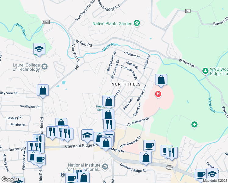 map of restaurants, bars, coffee shops, grocery stores, and more near 1367 Headlee Avenue in Morgantown