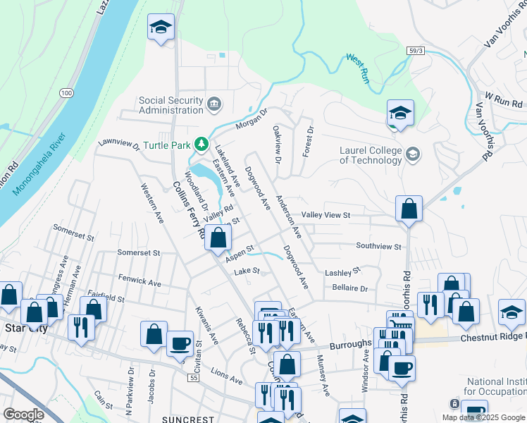 map of restaurants, bars, coffee shops, grocery stores, and more near 1437 Dogwood Avenue in Morgantown