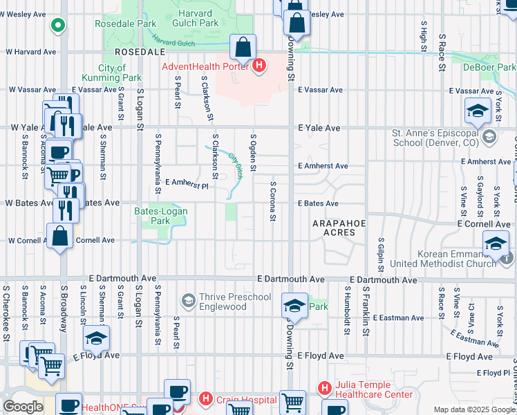 map of restaurants, bars, coffee shops, grocery stores, and more near 2910 South Ogden Street in Englewood