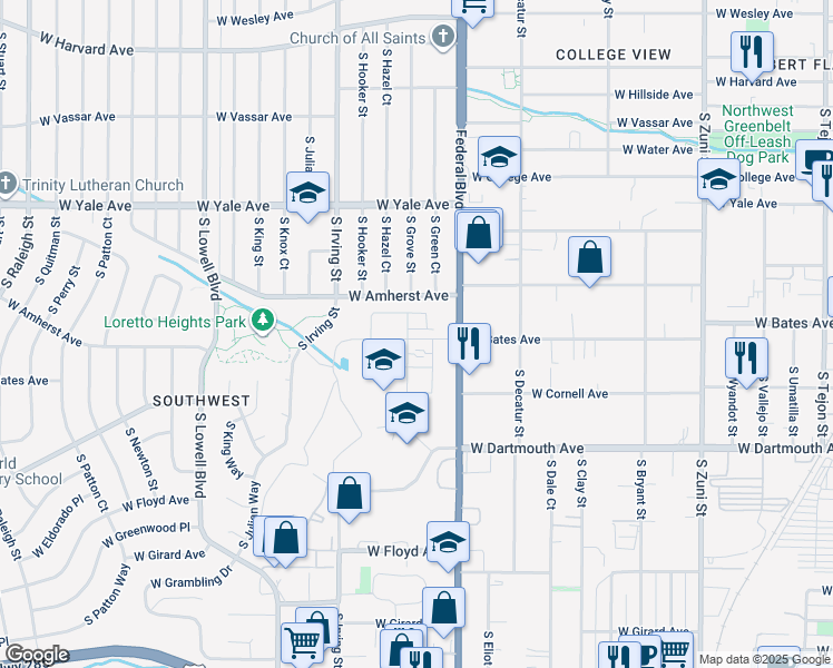 map of restaurants, bars, coffee shops, grocery stores, and more near 3091 West Bates Avenue in Denver