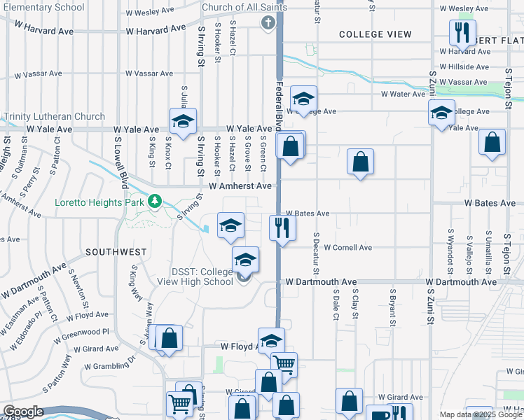 map of restaurants, bars, coffee shops, grocery stores, and more near 3053 West Bates Avenue in Denver