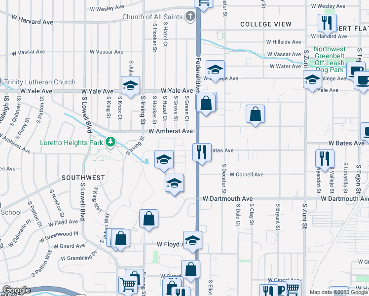 map of restaurants, bars, coffee shops, grocery stores, and more near 3059 West Bates Avenue in Denver