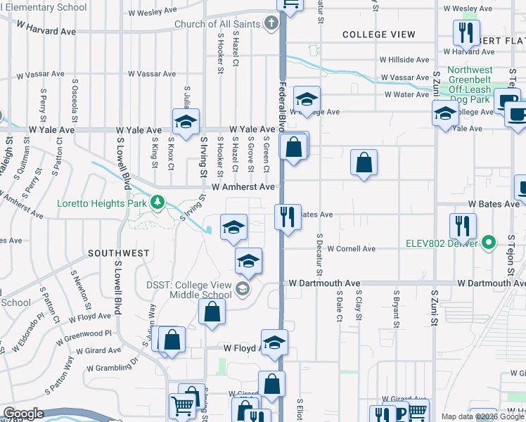 map of restaurants, bars, coffee shops, grocery stores, and more near 3059 West Bates Avenue in Denver