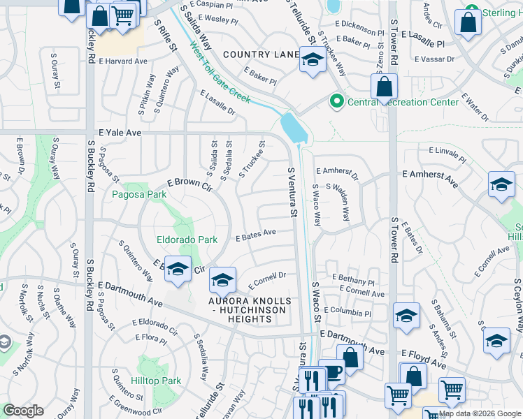map of restaurants, bars, coffee shops, grocery stores, and more near 17896 East Amherst Avenue in Aurora
