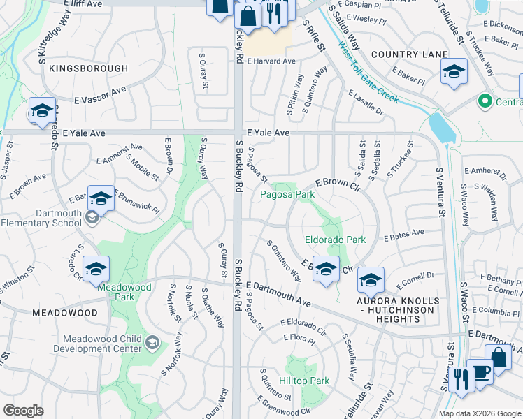map of restaurants, bars, coffee shops, grocery stores, and more near 16950 East Amherst Drive in Aurora