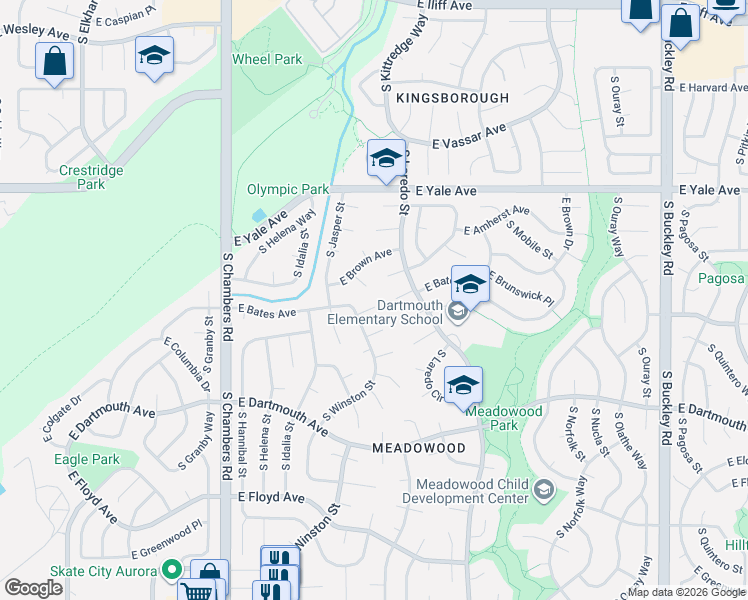 map of restaurants, bars, coffee shops, grocery stores, and more near 15848 East Brunswick Drive in Aurora