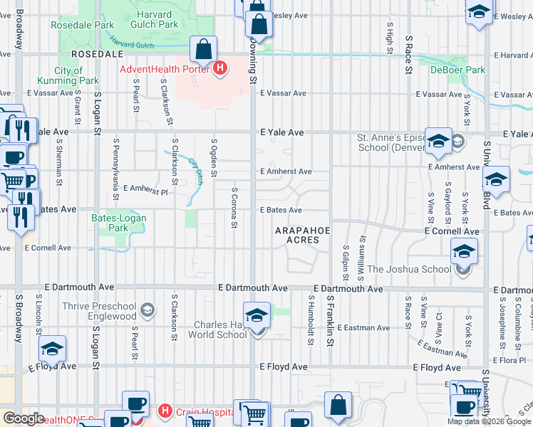 map of restaurants, bars, coffee shops, grocery stores, and more near 1251 East Bates Avenue in Englewood