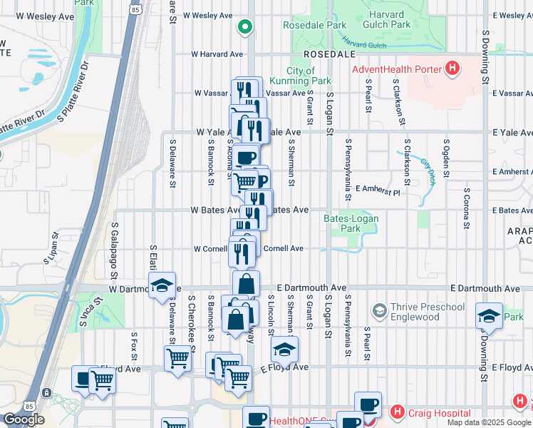 map of restaurants, bars, coffee shops, grocery stores, and more near 2877 South Lincoln Street in Englewood