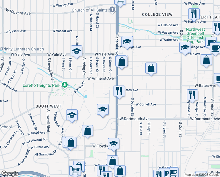 map of restaurants, bars, coffee shops, grocery stores, and more near in Denver