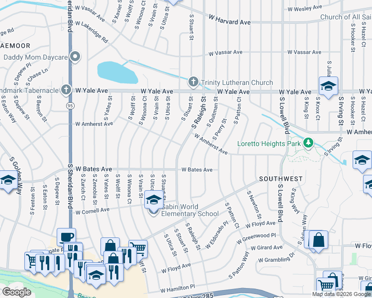 map of restaurants, bars, coffee shops, grocery stores, and more near 2795 South Raleigh Street in Denver