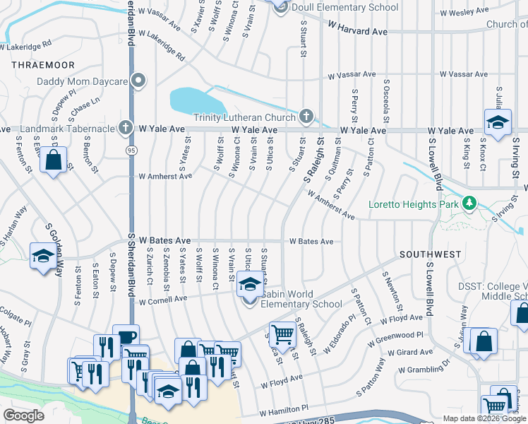 map of restaurants, bars, coffee shops, grocery stores, and more near 2807 South Stuart Street in Denver