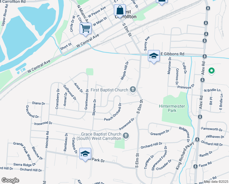 map of restaurants, bars, coffee shops, grocery stores, and more near 539 Maple Hill Drive in West Carrollton