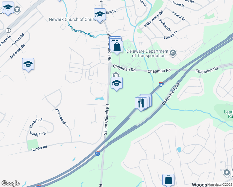map of restaurants, bars, coffee shops, grocery stores, and more near 190 Salem Church Road in Newark