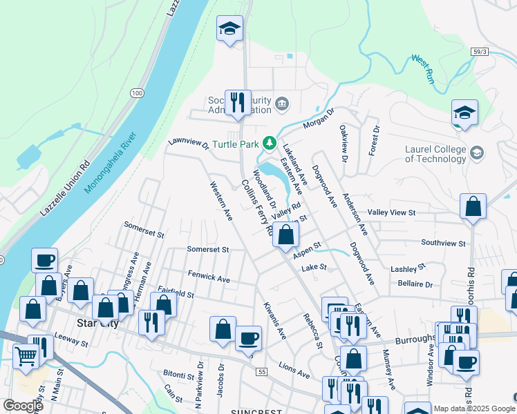 map of restaurants, bars, coffee shops, grocery stores, and more near Collins Ferry Road in Morgantown