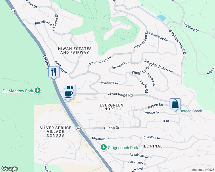 map of restaurants, bars, coffee shops, grocery stores, and more near 33639 Inverness Drive in Evergreen