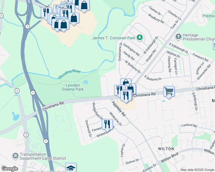 map of restaurants, bars, coffee shops, grocery stores, and more near 21 Villas Drive in New Castle
