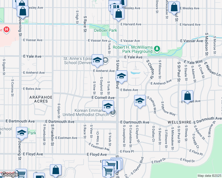 map of restaurants, bars, coffee shops, grocery stores, and more near 2885 South York Street in Denver