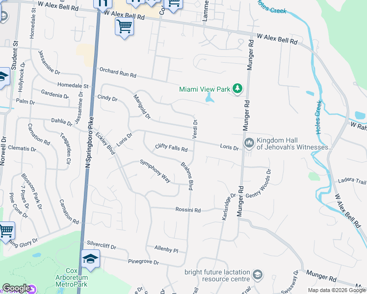 map of restaurants, bars, coffee shops, grocery stores, and more near 2536 Loris Drive in Dayton