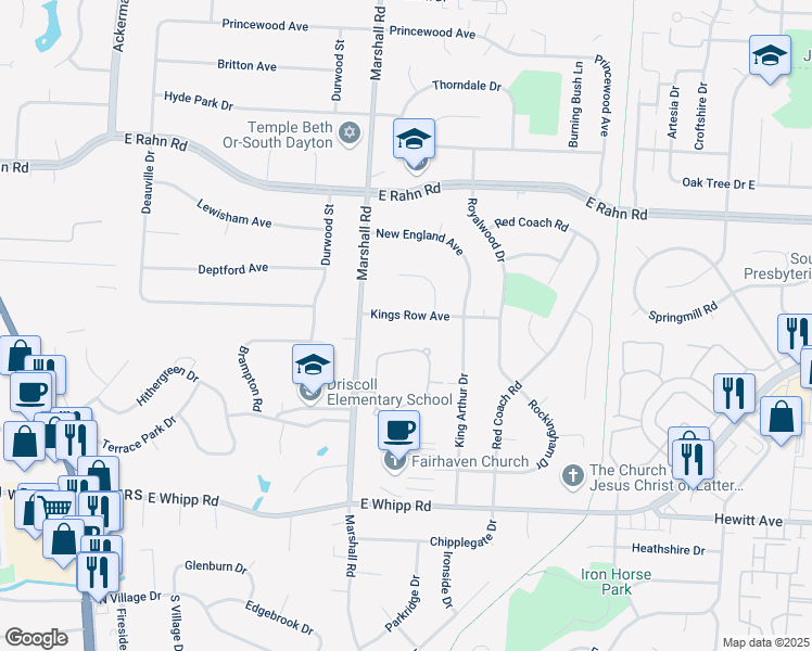 map of restaurants, bars, coffee shops, grocery stores, and more near 737 Kings Row Avenue in Dayton