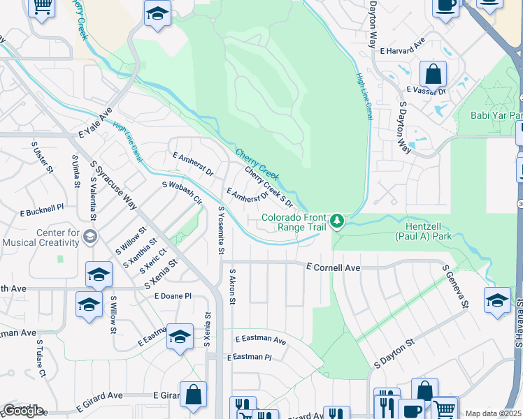 map of restaurants, bars, coffee shops, grocery stores, and more near 9142 East Amherst Drive in Denver