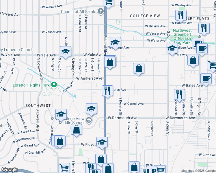 map of restaurants, bars, coffee shops, grocery stores, and more near 2850 South Federal Boulevard in Denver
