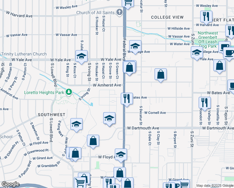 map of restaurants, bars, coffee shops, grocery stores, and more near in Denver