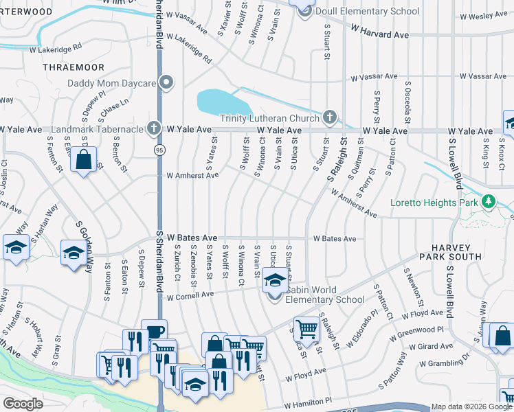 map of restaurants, bars, coffee shops, grocery stores, and more near 2816 South Vrain Street in Denver