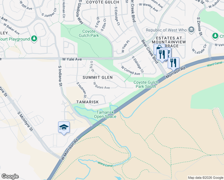 map of restaurants, bars, coffee shops, grocery stores, and more near 14145 West Bates Avenue in Lakewood