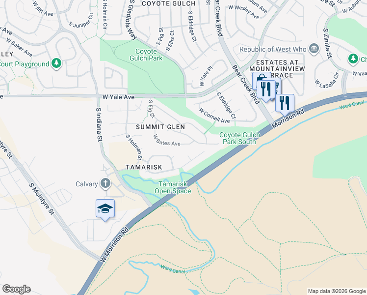 map of restaurants, bars, coffee shops, grocery stores, and more near 14145 West Bates Avenue in Lakewood