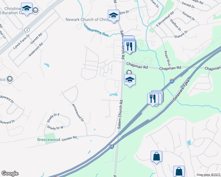 map of restaurants, bars, coffee shops, grocery stores, and more near 186 Salem Church Road in Newark