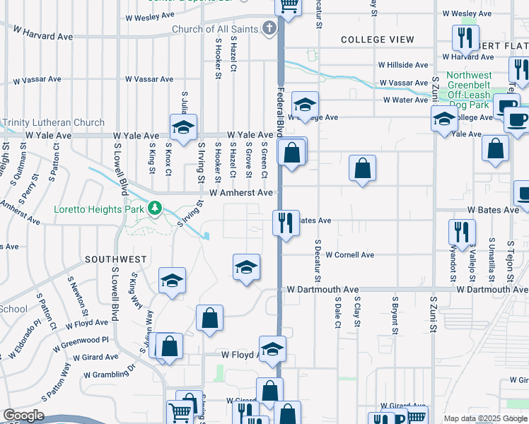 map of restaurants, bars, coffee shops, grocery stores, and more near 2878 South Pancratia Street in Denver
