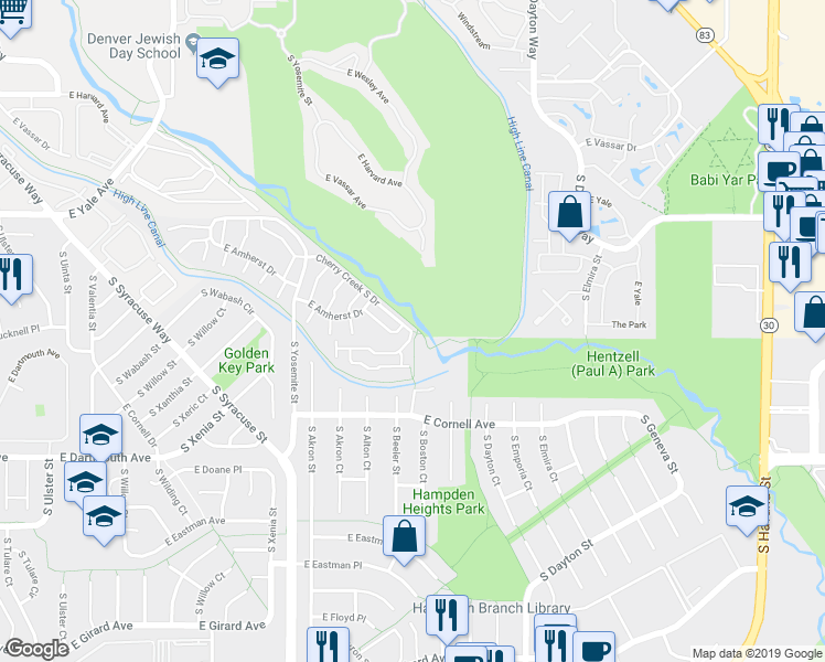 map of restaurants, bars, coffee shops, grocery stores, and more near 9387 East Cherry Creek South Drive in Denver