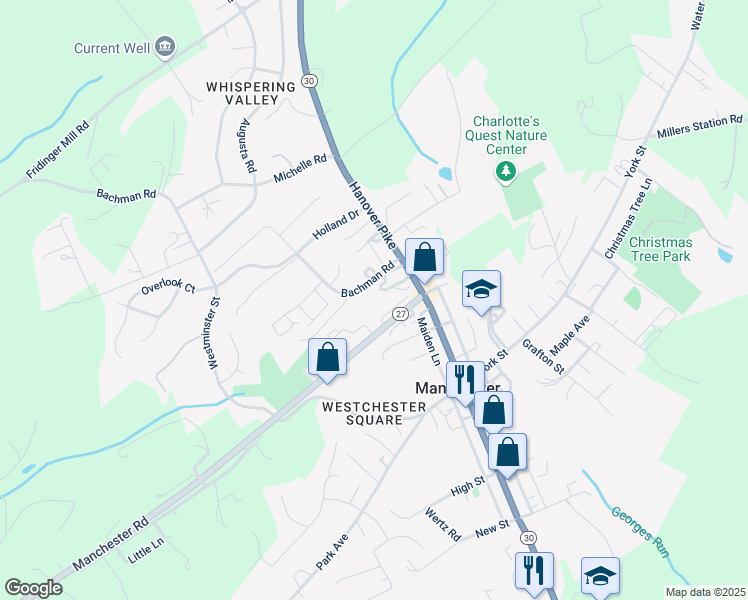 map of restaurants, bars, coffee shops, grocery stores, and more near 3013 Bachman Road in Manchester
