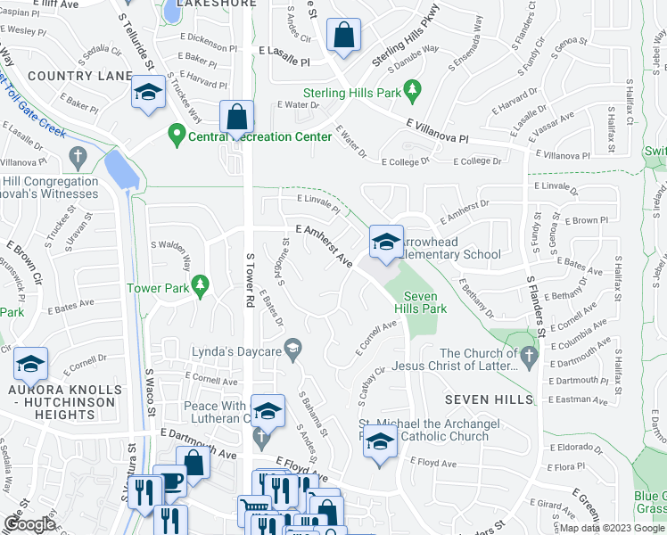map of restaurants, bars, coffee shops, grocery stores, and more near 18972 East Brunswick Place in Aurora