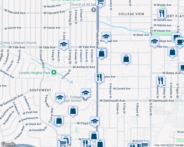 map of restaurants, bars, coffee shops, grocery stores, and more near 2876 South Pancratia Street in Denver